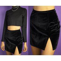 00S Y2K Black Velvet Mini Skirt Side Slit Cyber Fairy Grunge Goth Egirl Vintage - Size Xs | Etsy (US)