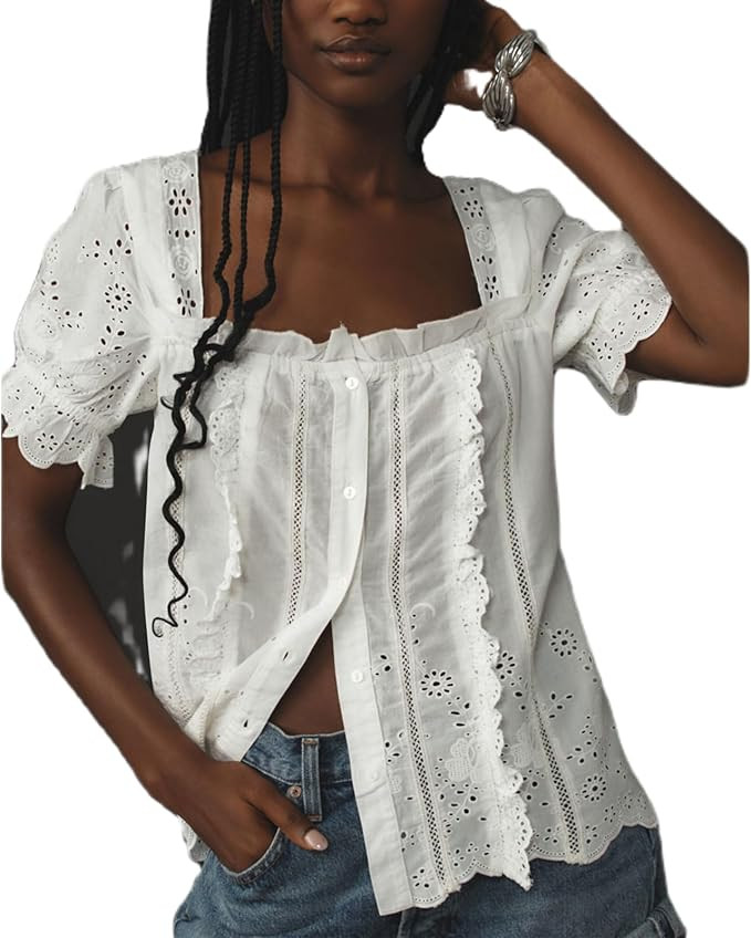 Women Y2k Square Neck Blouse Crop Tops Cute Front Button Up Puff Short Sleeve Ruffle Trim Going O... | Amazon (US)