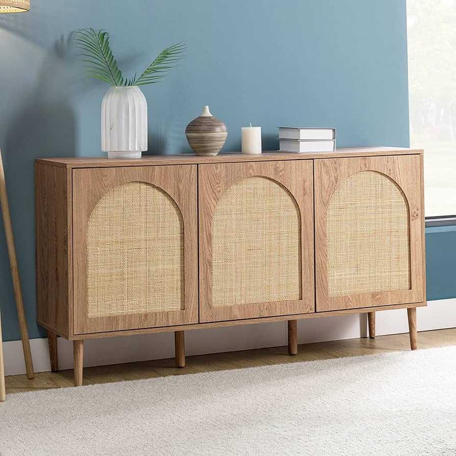 HULALA HOME Farmhouse Boho Sideboard Buffet Cabinet with 3 Rattan Doors and 3 Shelves, Kitchen St... | Amazon (US)