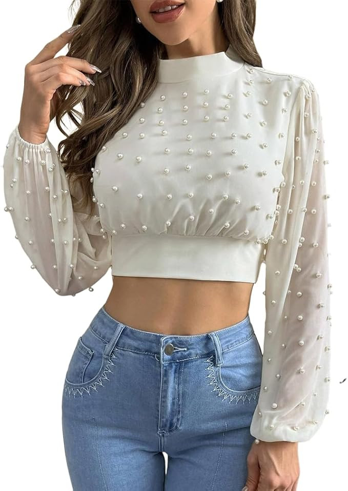 Women Mock Neck Pearl Beaded Crop Blouse Casual Long Sleeve See Through Solid Chiffon Slim Fit Cr... | Amazon (US)