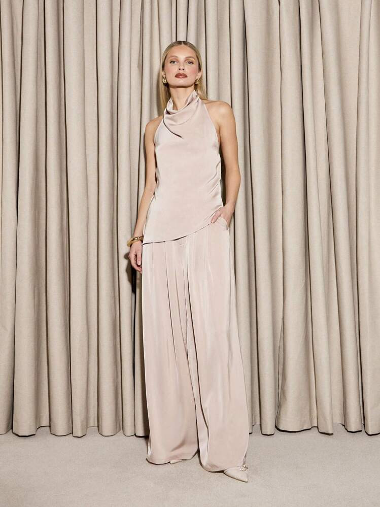 AiiRZ Elegant Halter Neck Asymmetric Satin Two-Piece Set With Palazzo Pants Evening Formal Wedding Guest Party Special Occasion Luxe Ensemble | SHEIN
