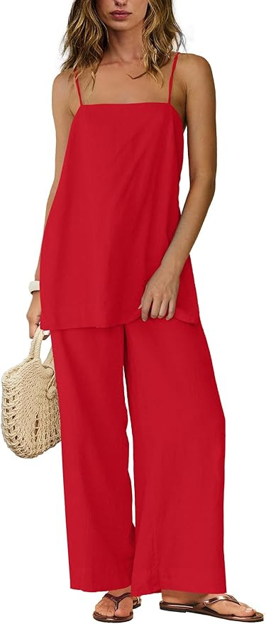 Yanekop Linen Sets for Women 2 Piece Pants Summer Outfits Matching Lounge Sets Spaghetti Strap Ta... | Amazon (US)