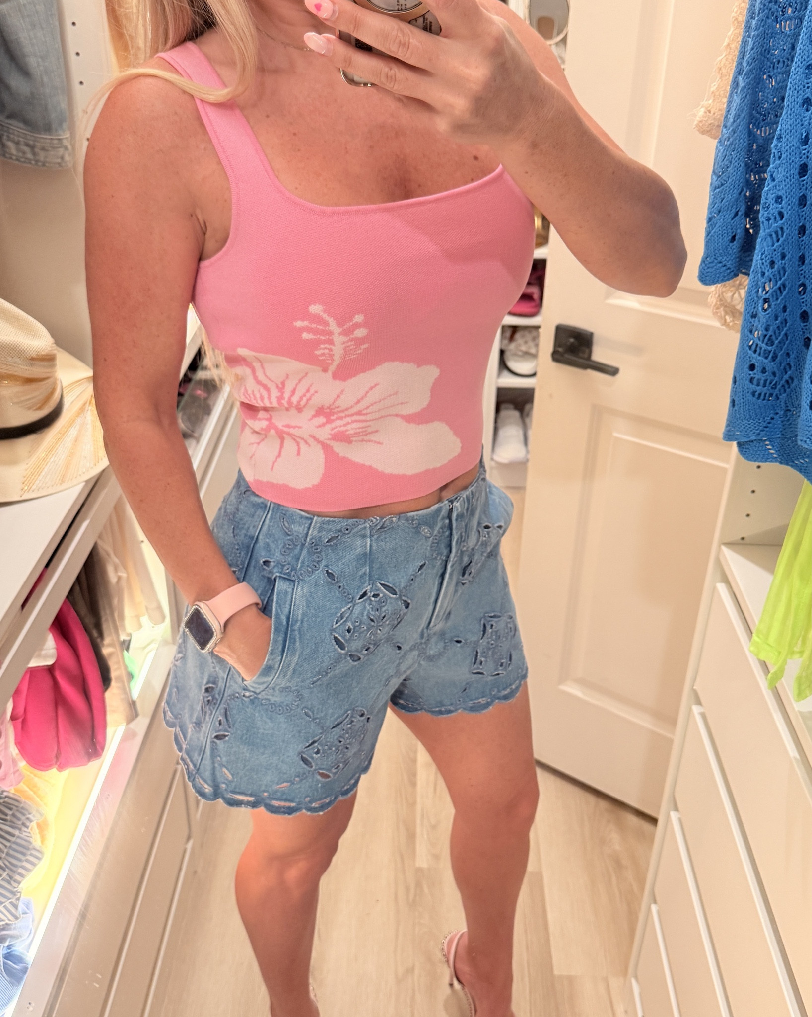 Cute and comfy summer outfit. Put together day outfit without effort! Love the length of both shorts and knit tank and the flower details on both 😍🥰

#LTKSaleAlert #LTKootd #LTKU