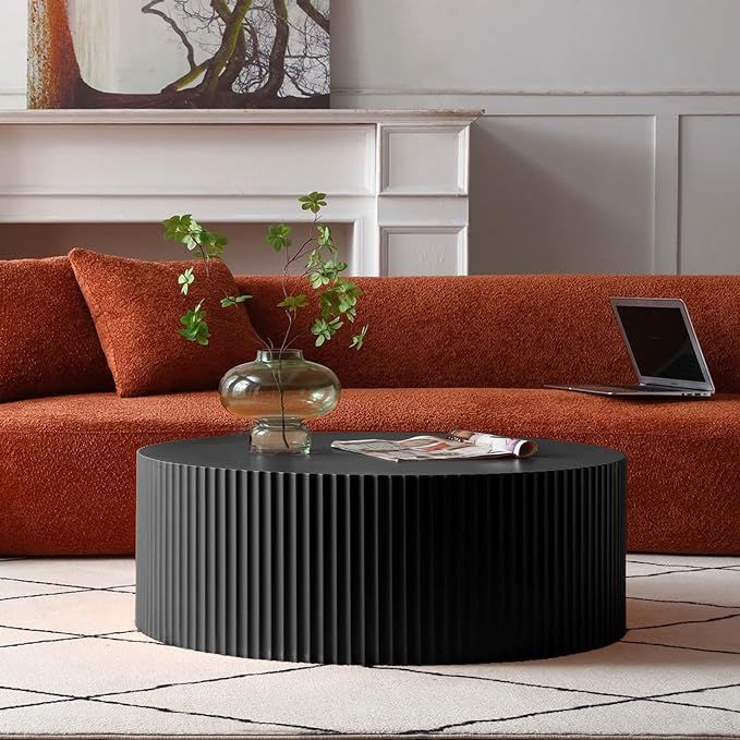 SSLine Modern Black Drum-Shape Coffee Table with Handcrafted Relief Design Contemporary Round Coc... | Amazon (US)