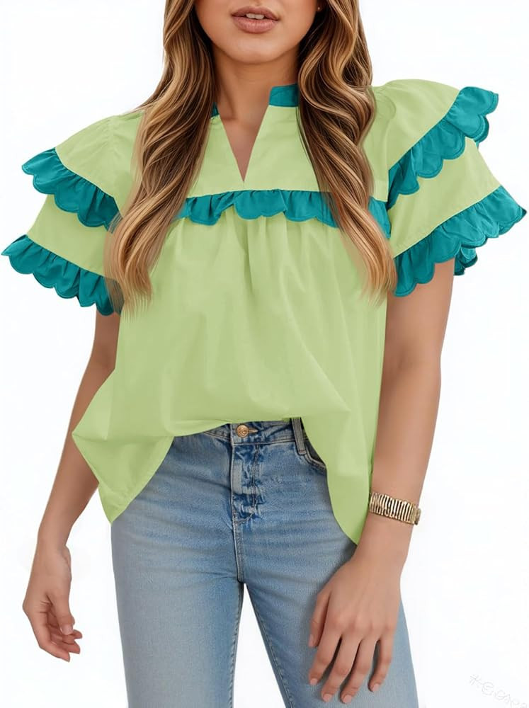 Tankaneo Womens Ruffle Sleeve Babydoll Tops Color Block Summer V Neck Pleated Blouse Dressy Casua... | Amazon (US)