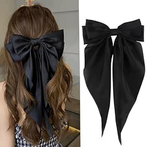 Black Bow for Hair, Oversized Long-tail Cute Aesthetic Hair Accessories,Large Silky Satin Hair Ba... | Amazon (US)