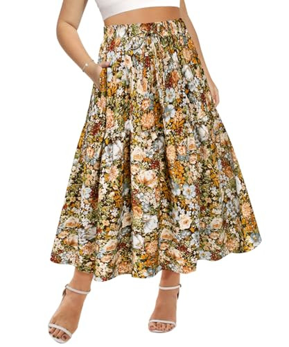 Plus Size Skirts for Curvy Women Elastic High Waist Boho Maxi Skirt Pleated A-Line Tiered Long Sk... | Amazon (US)