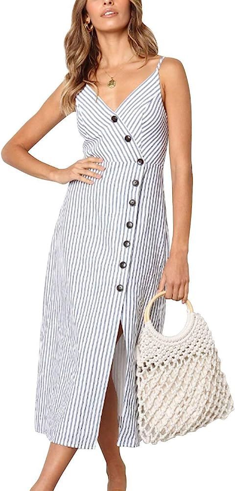 Huojingli Womens V Neck Dress Sleeveless Spaghetti Strap Button Down Striped Summer Casual Midi D... | Amazon (US)