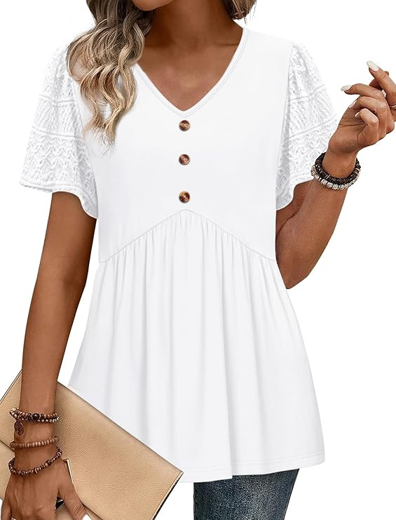 OFEEFAN Womens Summer Tops Babydoll Short Sleeve Shirts Button Down Lace Sleeve Peplum Tunic Tops... | Amazon (US)