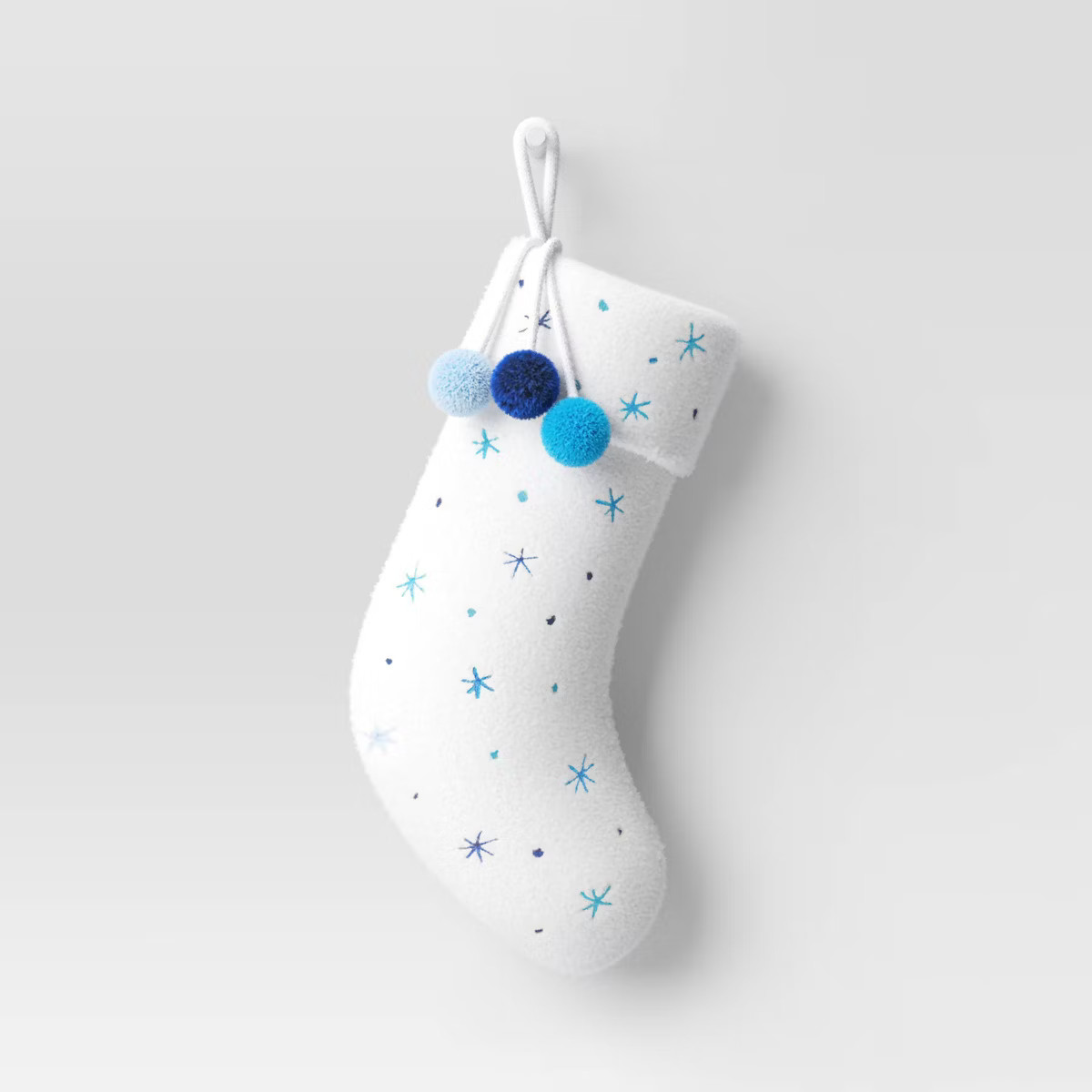 20" Faux Shearling with Embroidered Snowflakes Christmas Stocking with Pom Poms White/Blue - Wond... | Target