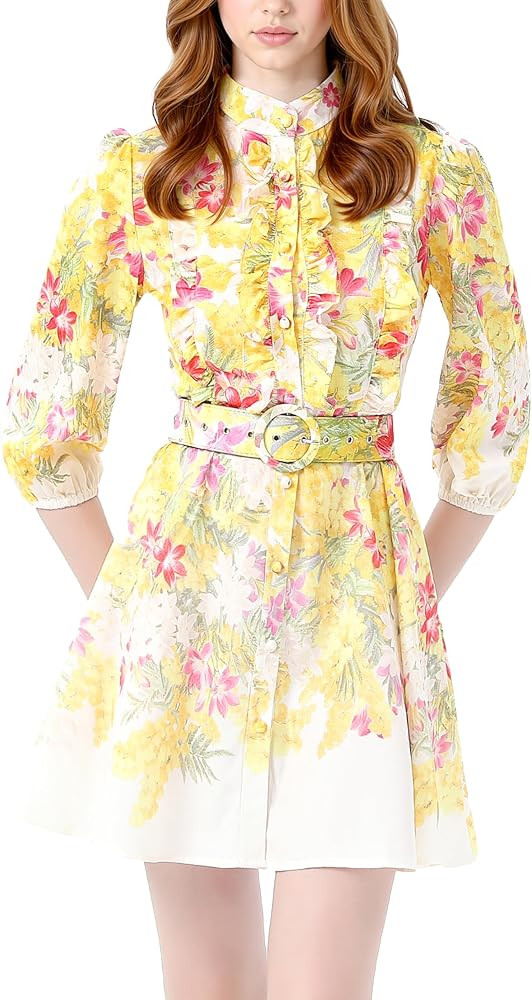 LAI MENG FIVE CATS Women's Floral Print Button up Lantern Sleeve Ruffle Dress Mini Dress | Amazon (US)