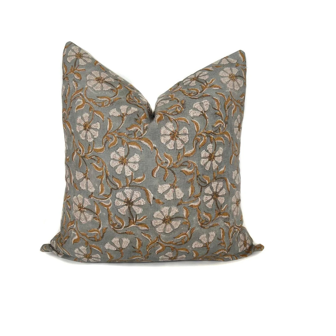 Floral Pillow Cover Cotton Linen Blend Blue Gray Tan Rustic Shabby Chic Botanical Sofa Throw Pill... | Etsy (US)