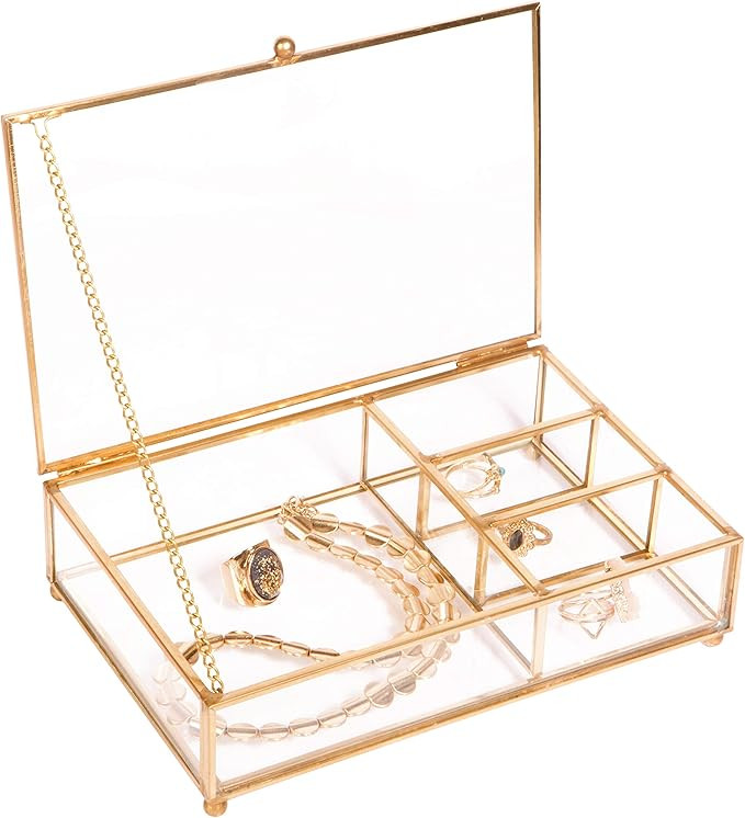 Home Details Vintage Mirrored Bottom Glass Keepsake Jewelry Organizer, Decorative Accent, Vanity,... | Amazon (US)