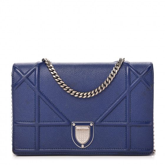 CHRISTIAN DIOR Grained Calfskin Diorama Wallet on Chain Pouch Blue | FASHIONPHILE | Fashionphile