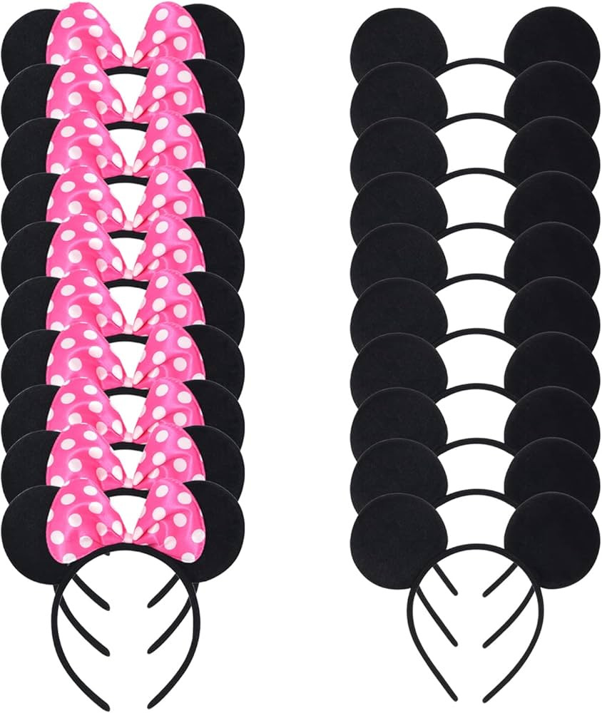 20 Pack Mouse Ears Solid Black and Pink Bow Headband for Mouse Themed Birthday Party Supplies | Amazon (US)