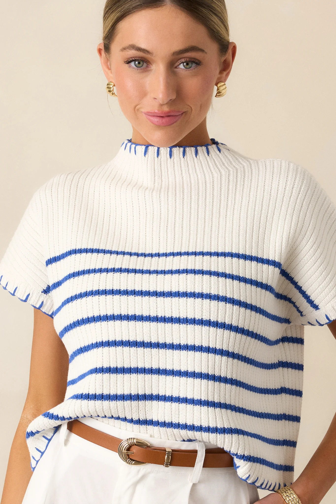 Mimosa Morning Cotton Ivory Stripe Short Sleeve Sweater | Red Dress