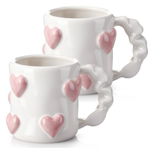 Vesici 2 Pcs 17oz Valentines 3D Heart Coffee Mugs Pink Heart Ceramic Cups with Handle Valentines Couple Mugs Cute Handmade Relief Cups for Office Home Anniversary, Wedding Engagement Couple Gifts | Amazon (US)