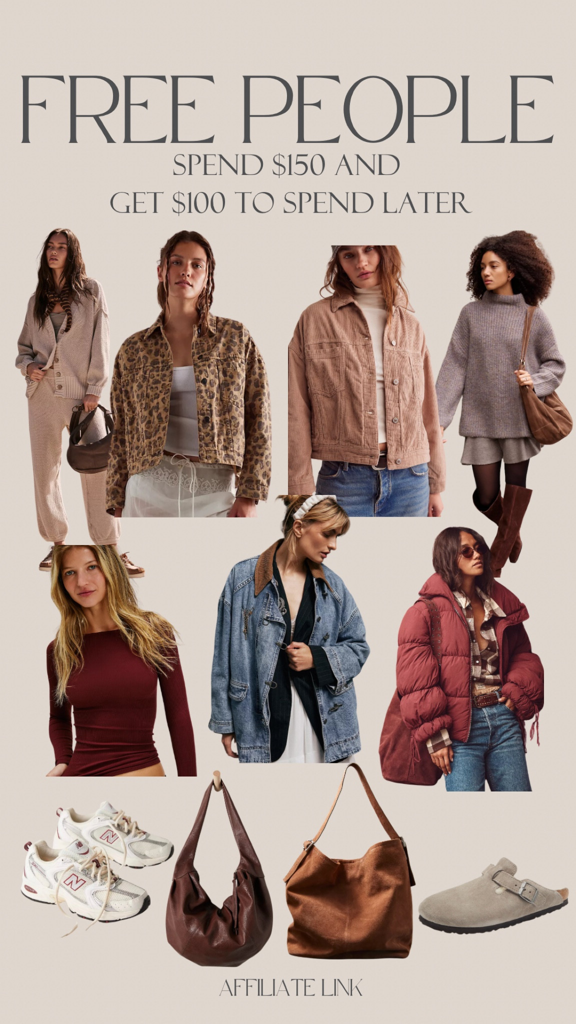 Free People
Get $100 to spend in the future when you spend $150! 

Perfect time to Christmas shop! 

#LTKStyleTip #LTKGiftGuide #LTKSaleAlert