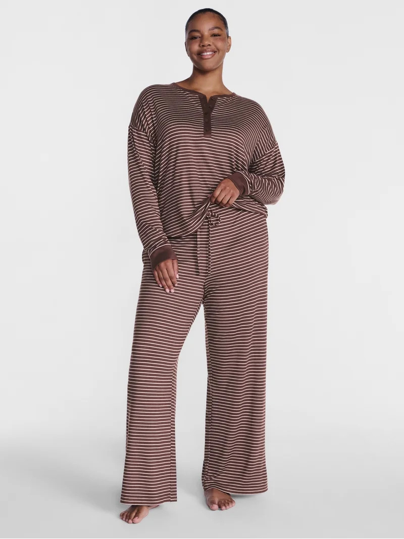 Joyspun Women's Cozy Lounge Collection Hacci Henley Top and Pants, 2-Piece Pajama Set, Sizes XS-3... | Walmart (US)
