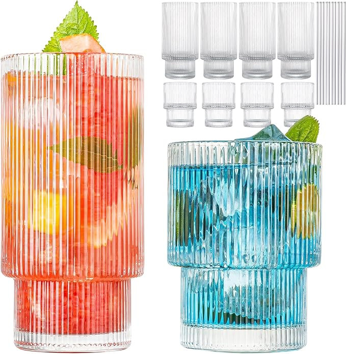 Drinking Glasses, Origami Style 8 pcs Glass Cups with straw, 4 Highball Glasses & 4 Rocks Glasses... | Amazon (US)