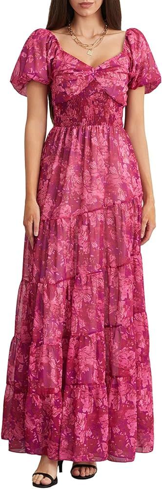 Women Bohemian Vintage Floral Dress Y2K Short Puff Sleeve Maxi Dresses Boho Flowy Ruffle A-Line B... | Amazon (US)