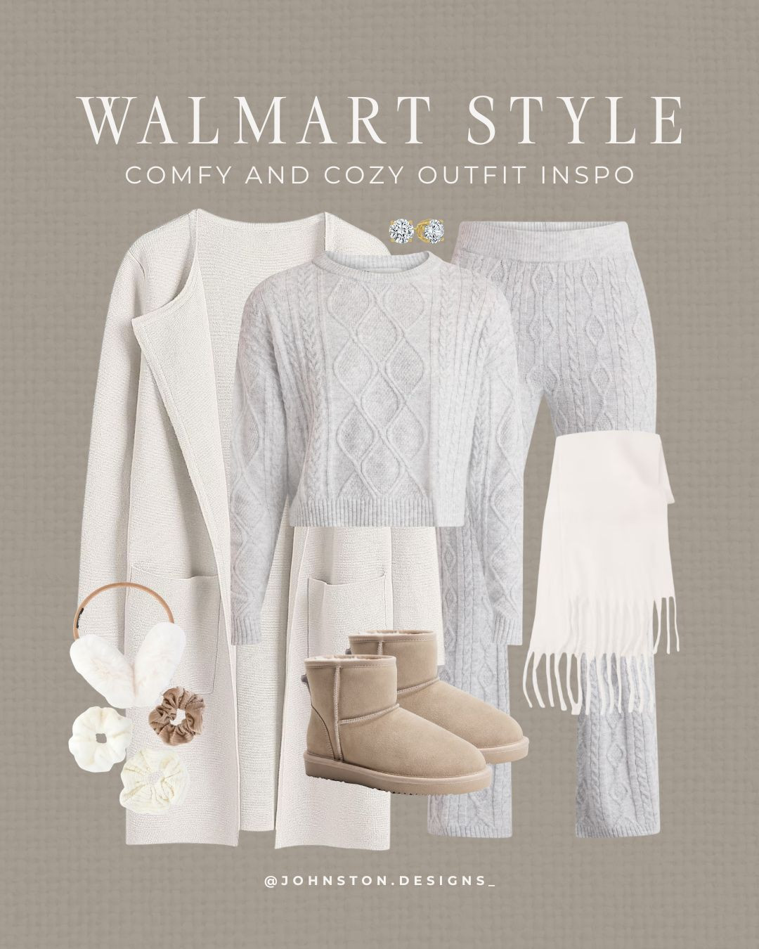 Comfy and cozy outfit inspo from Walmart! Affordable cable knit lounge set, loungewear, faux fur boots, earmuffs, winter style, neutral fashion, look for less, comfortable style, Walmart fashion finds. 

 #LTKootd #LTKSeasonal #LTKFindsUnder50