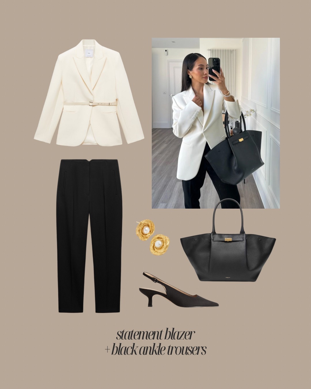 Workwear outfit for spring, Mango white statement blazer, Zara tailored black ankle trousers, DeMellier black tote bag, & Other Stories slingbacks and Soru gold pearl earrings 

 

#LTKAprilSpotlight #LTKspring #LTKworkwear
