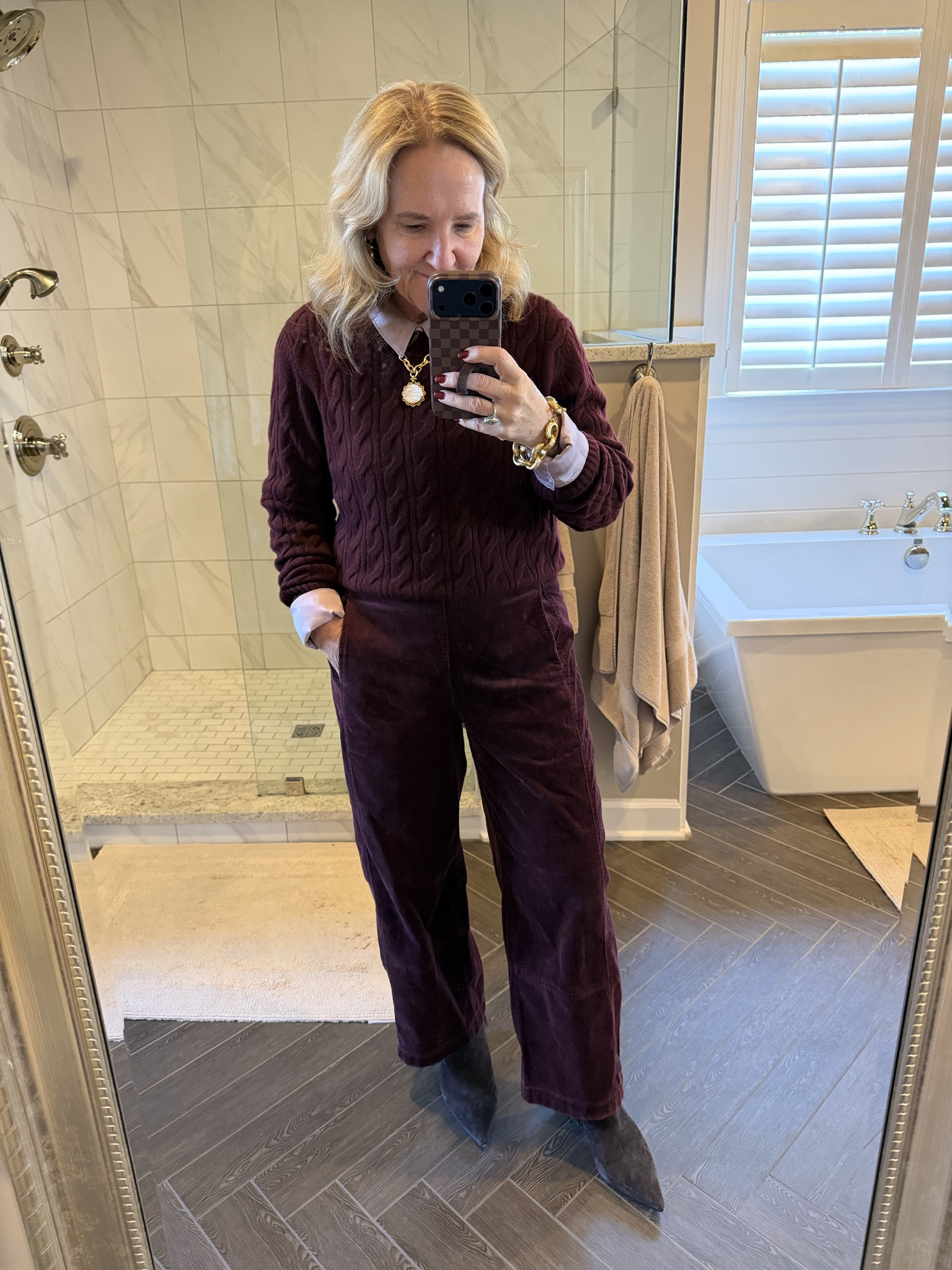 Cashmere sweater I sized up to a large 
Blouse on sale! Wearing a medium. You may consider sizing up if your arms are thicker. 
Pull on barrel pants size small reg 
Brown suede booties I sized up 1/2 
Helene pendant on the Julie Vos sale 

#LTKootd #LTKSaleAlert #LTKOver40