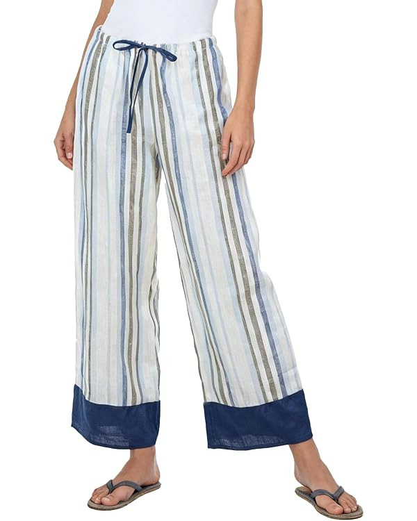 Amazhiyu Women's 100% Linen Wide Leg Pants Striped Summer Casual Elastic Waist | Amazon (US)