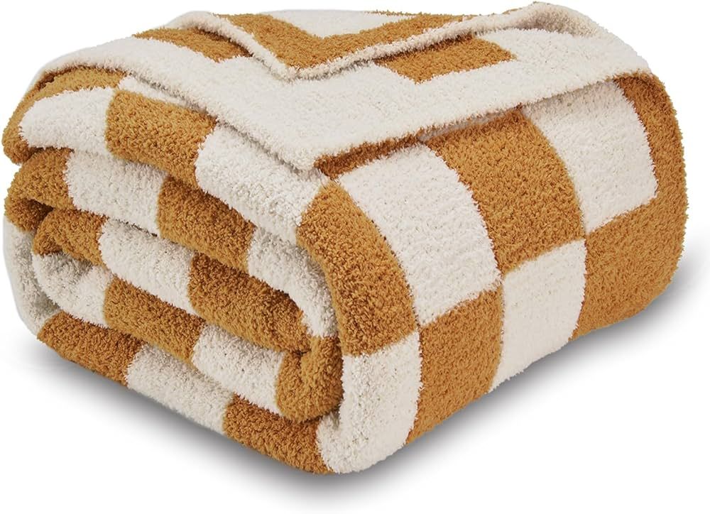 Amazon.com: CozeCube Checkered Blanket, Ultra Soft Cozy Brown Orange Checkered Throw Blanket, War... | Amazon (US)
