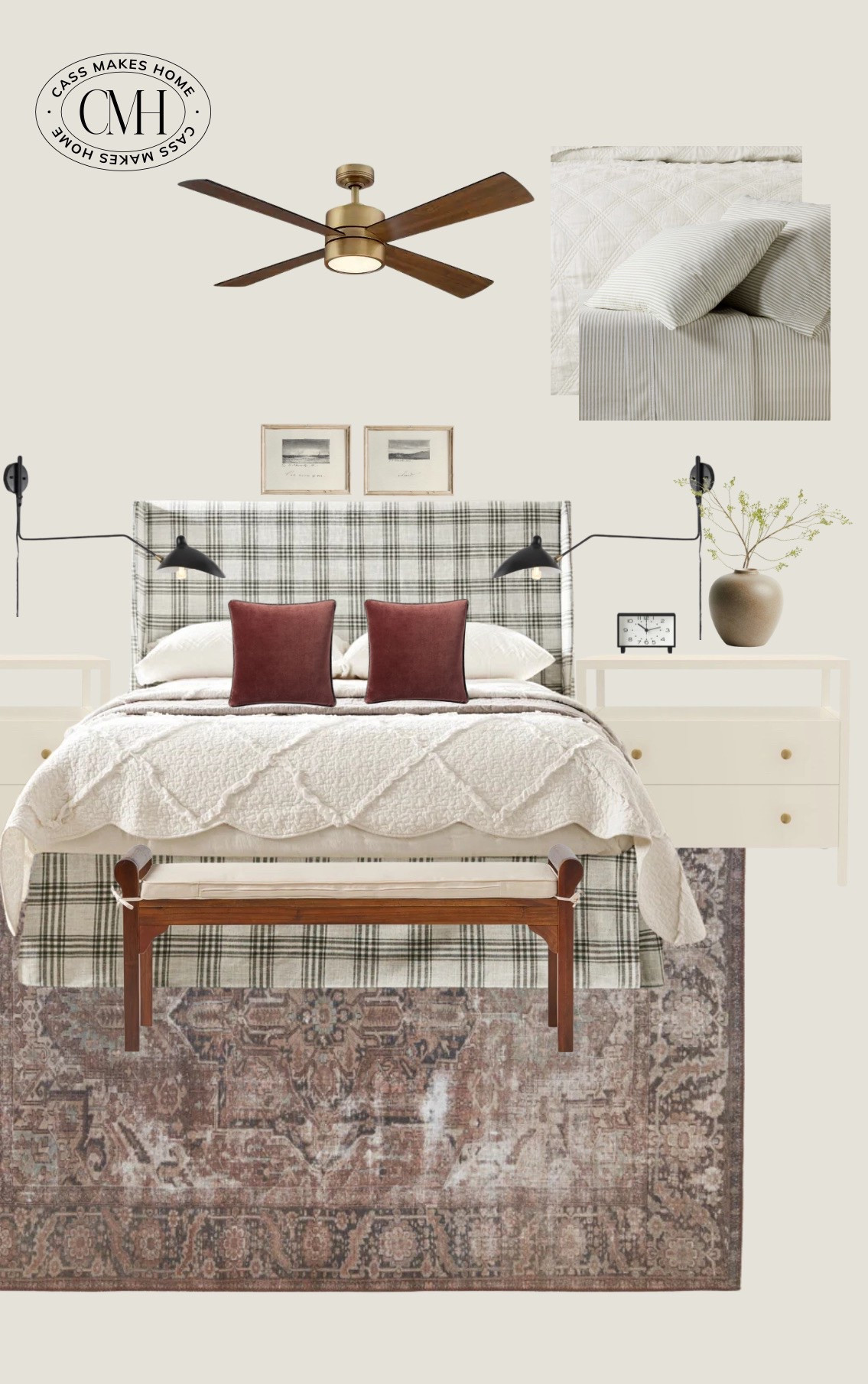 If you’re looking for fresh bedroom inspo, this one’s for you! I was flooring when I stumbled across this bed frame from Wayfair. It’s so good and also looks super high end but it’s SO AFFORDABLE! A neutral plaid print is so fun for a bed frame! I love these nightstands in both color options. They are perfect. I’m especially digging tone on tone lately, so I was inspired to create a creamy white tone on tone look for this. The ivory nightstands, plus Swiss Coffee (by Behr) on the walls, with some cozy creamy bedding. So fresh and inviting! These sconces are a great modern touch and require no hardwiring. And also happen to be perfect for a little night time book reading. I also really adore this bench because it actually looks like a vintage find! And super great price ✨

#LTKStyleTip #LTKHome #LTKSaleAlert