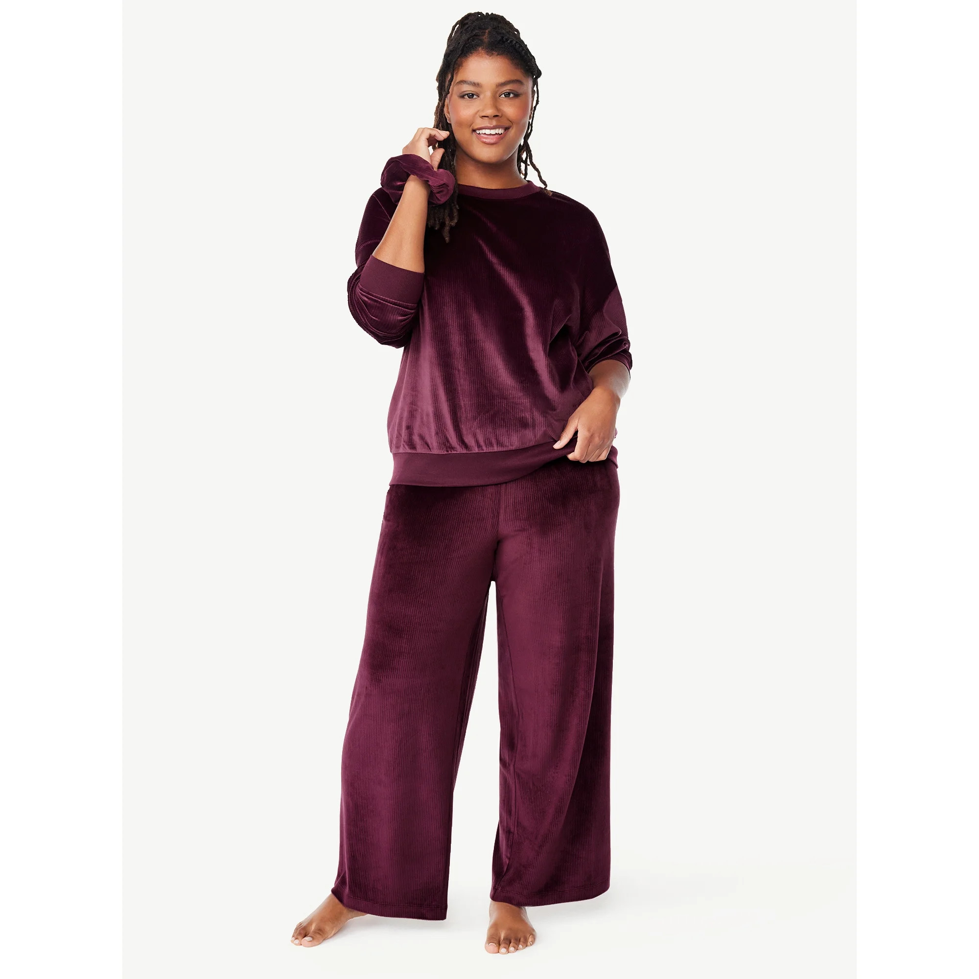 Joyspun Women's Ribbed Velour Top and Pants Pajama Set with Oversized Scrunchie, 3-Piece, Sizes S... | Walmart (US)