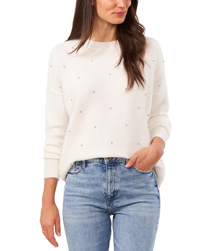 Women's Rhinestone Studded Drop Shoulder Crewneck Sweater | Macy's