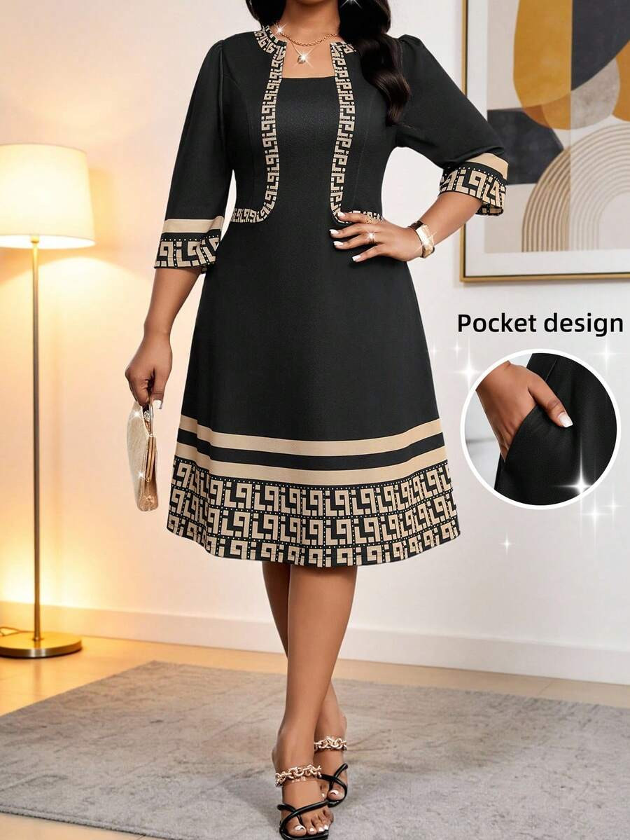 SHEIN Lady Plus Size Women's Geometric Print 3/4 Sleeve Elegant Midi Dress Latest Style For Women... | SHEIN