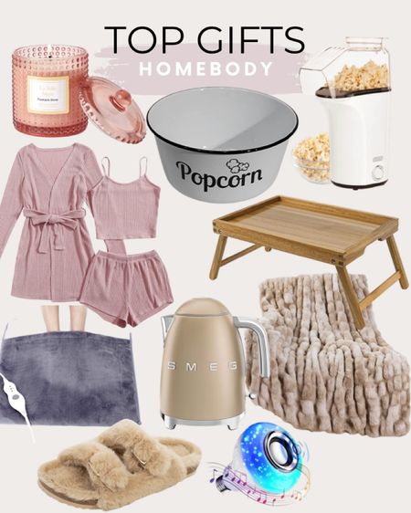 Top gifts for the homebody include ribbed knit fabric sleepwear set, foot warmer, plush open toe slippers, Bluetooth speaker lightbulb, cozy throw blanket, smeg electric kettle, wood bed table tray, popcorn bowl, dash popcorn popper, and candle.

Homebody gifts, gifts for her, gifts for the homebody, Christmas gifts, Christmas gift ideas, cozy gifts

#LTKfamily #LTKunder100 #LTKGiftGuide