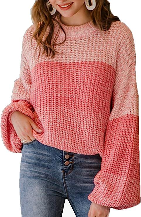 Simplee Women's Oversized Cropped Sweater Lantern Long Sleeve Loose Knit Pullover Sweater | Amazon (US)