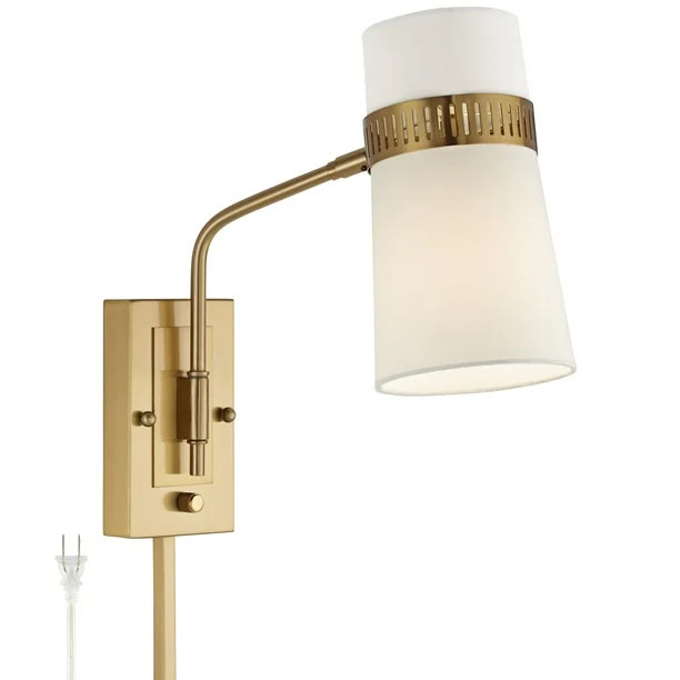 Possini Euro Design Modern Swing Arm Wall Lamp Antique Brass Plug-In Light Fixture Beige Linen Ta... | Walmart (US)