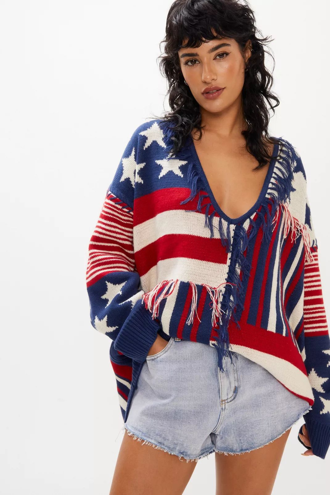 Stars And Stripes Oversized Fringe Sweater | Nasty Gal (US)