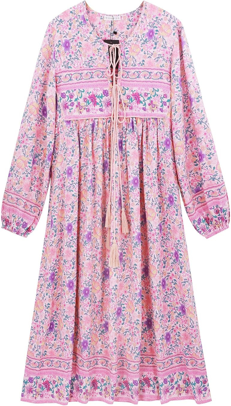 R.Vivimos Women's Long Sleeve Floral Print Retro V Neck Tassel Bohemian Midi Dresses | Amazon (US)