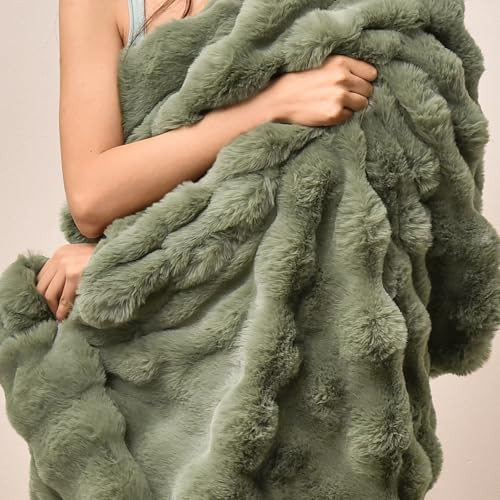 PHF Luxury Faux Rabbit Fur Blanket Twin Size, Ultra Soft Fluffy Plush Cozy Warm Blanket for Bed, Couch, Chair, Sofa Decorative, Thick Reversible Suitable for Fall & Winter, 60" x 80", Olive Green | Amazon (US)