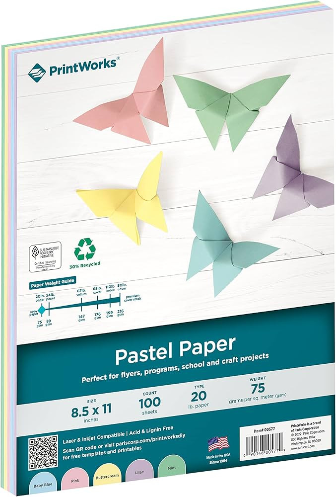 Printworks Pastel Paper, 20 lb, 5 Assorted Pastel Colors, 30% Recycled Color Printer Paper, SFI C... | Amazon (US)