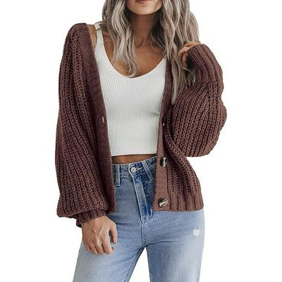 Zeagoo Women's Fall Chunky Knit Cardigans Open Front Long Sleeve V Neck Button Loose Cardigan Sweaters-Brown-S | Target