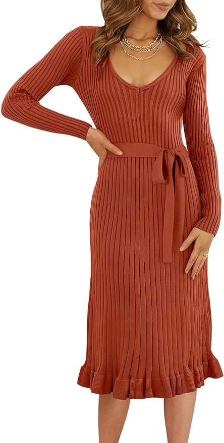 ANRABESS Women's 2023 Fall Sweater Dress Long Sleeve V Neck Pleated Slim Ribbed Knit Midi Dresses... | Amazon (US)