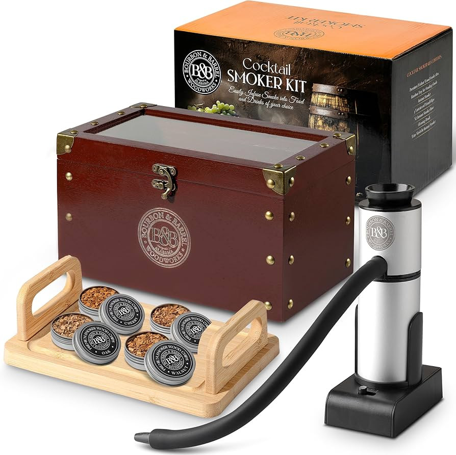 BOURBON & BARREL Cocktail Smoker Kit | Crafted with Walnut Wood | Whiskey Smoker Kit with Instant Smoker, Smoking Box, Food Tray and 4 Varieties of Wood Chips | Old Fashioned Drink Smoker Kit [Cherry] | Amazon (US)