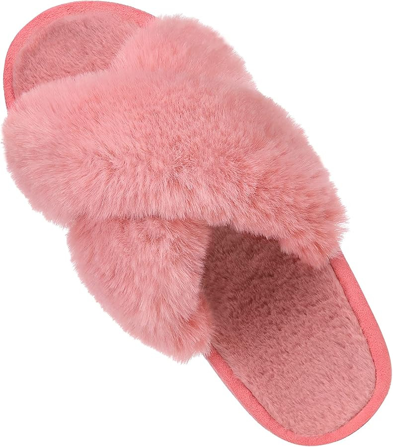 Comwarm Women's Cross Band Fuzzy Slippers Fluffy Open Toe House Slippers Cozy Plush Bedroom Shoes... | Amazon (US)