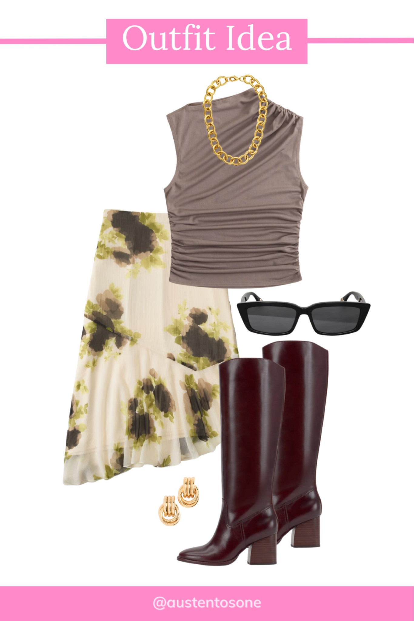 This look combines a floral midi skirt with rich burgundy tall boots for a feminine yet modern twist. The sleeveless top and chunky gold chain necklace keep the outfit balanced and perfect for a day-to-night transition. Whether you're headed to brunch or an art gallery, these tall boots add a bold and polished finish to the ensemble.

#LTKFindsUnder100 #LTKShoeCrush