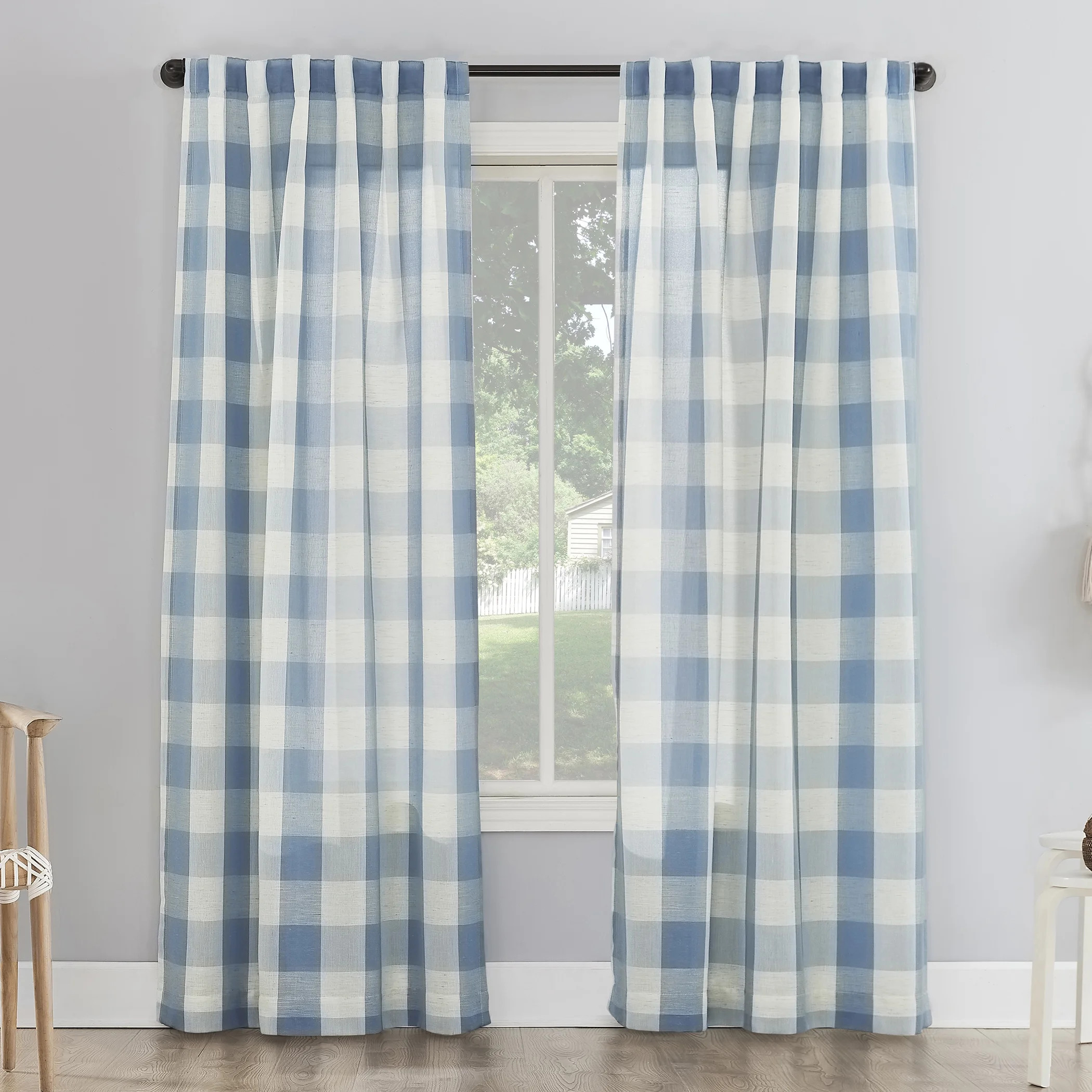 Better Homes and Gardens Buffalo Plaid Semi-Sheer Back Tab Curtain Panel, 50" x 108", Blue | Walmart (US)