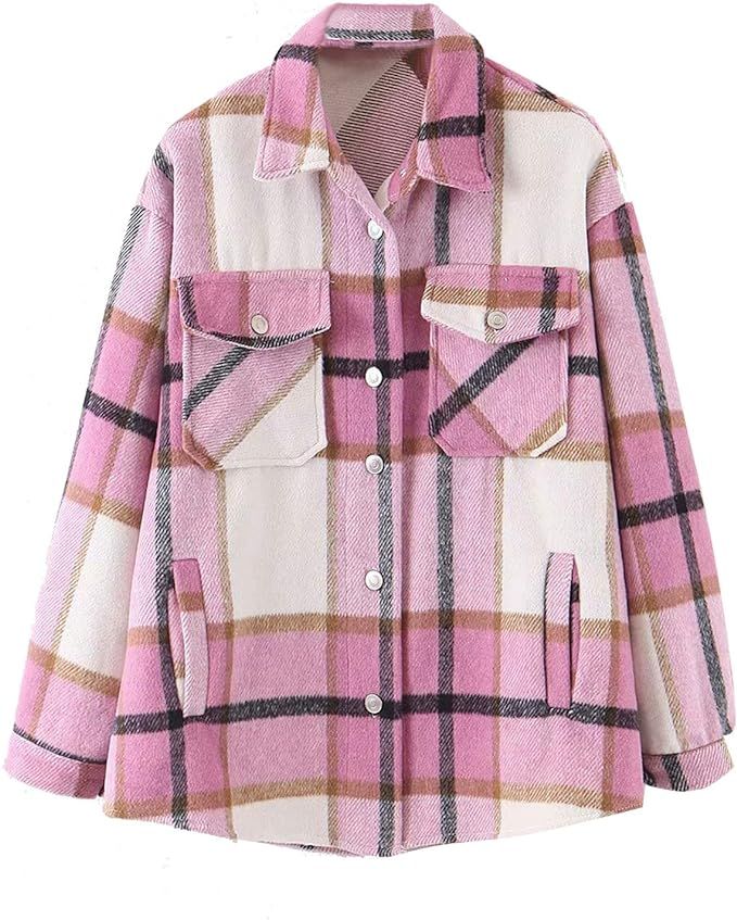 Womens Plaid Jacket Long Sleeve Lapel Button-Down Shirts Wool Blend Shacket Coat Casual Tops Outw... | Amazon (US)