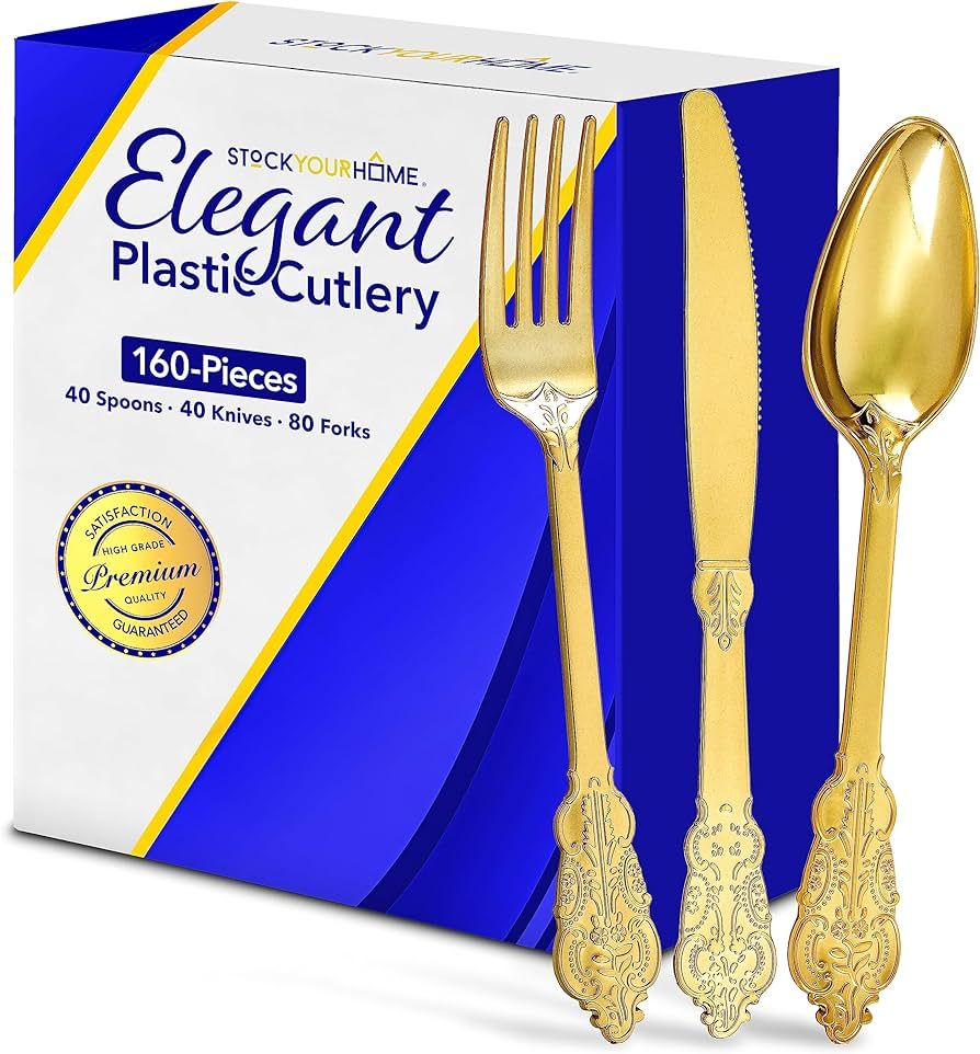 160 Pcs Gold Plastic Silverware Set- 80 Gold Forks, 40 Gold Spoons, 40 Gold Knives, Heavy Duty Di... | Amazon (US)