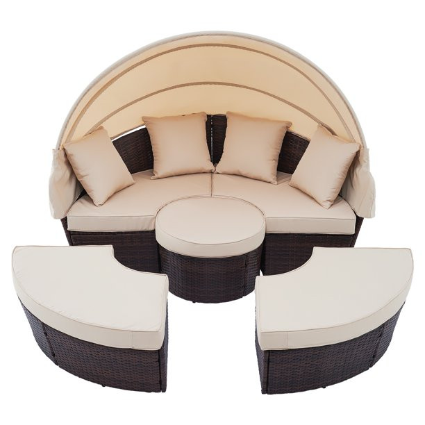 Bestco 5 Piece Outdoor Daybed with Retractable Canopy and Wicker Patio Furniture Set with Chairs,... | Walmart (US)